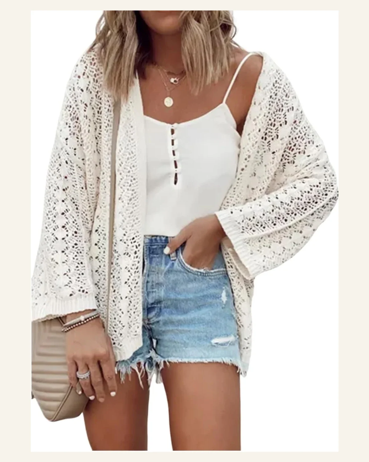 Cardigan Sweater Casual White Hollow Out Knit Drop by SELINK