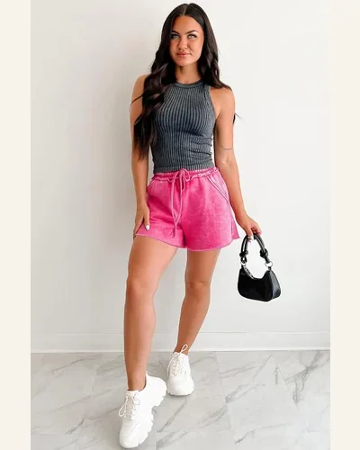 Casual Rose Red Mineral Washed Drawstring Elastic Waist Shorts, view 3
