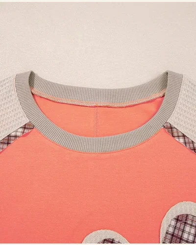 Casual 3/4 Sleeve Tops Plaid Waffle Flower Patchwork, view 4