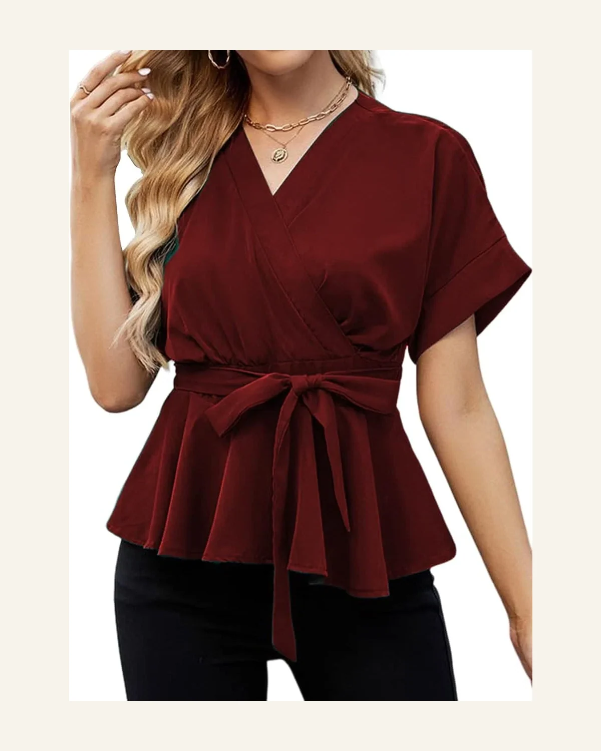 Casual V Neck Blouse Batwing Sleeve Knot Front by SELINK