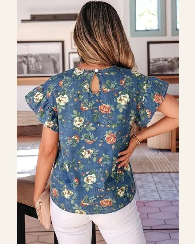 Floral Denim Tunic Top Short Sleeve Blouse Ashleigh, view 2