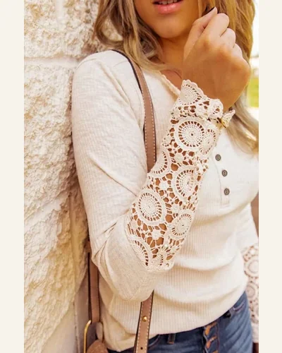 Tunic Tops Casual Beige Crochet Lace Hem Sleeve, view 4