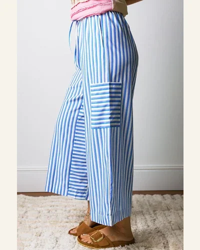 Casual Sky Blue Stripe Pants Drawstring Elastic Waist, view 3