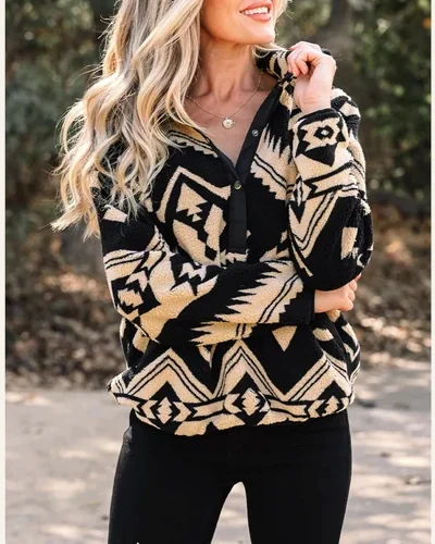 Aztec Sweatshirt Half Placket Fleece Long Sleeve Tops, view 3