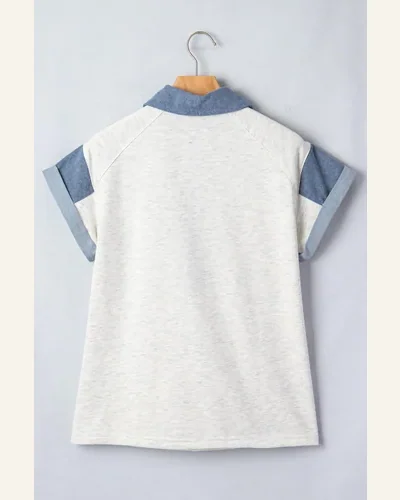 Denim Patchwork Polo T Shirt Contrast Blouse, view 2