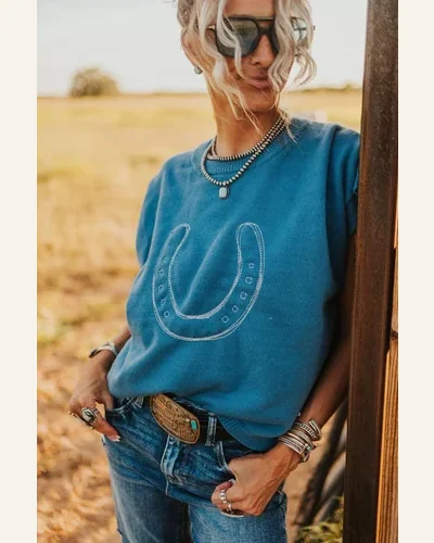 Western Light Blue Horse Shoe Pullover Sweater Tops, view 4