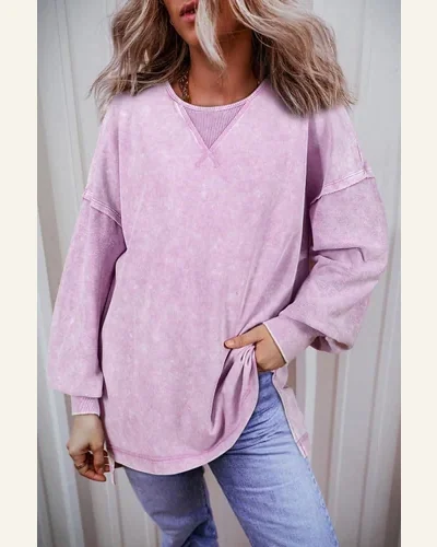 Casual Orchid Petal Mineral Wash Drop Shoulder Pullover, view 2