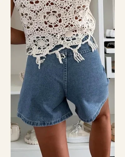 Casual Loose Dusk Blue Flap Pockets Denim Shorts, view 2