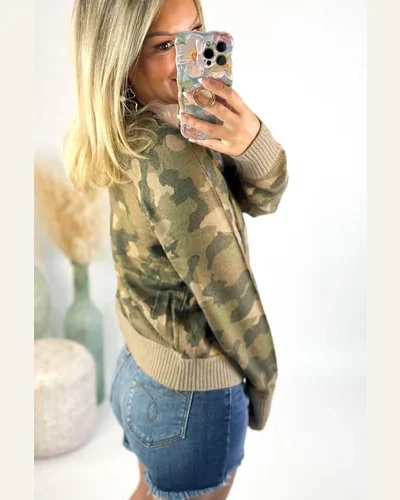 Camo Knit Cardigan Button Down Long Sleeve Sweater, view 3