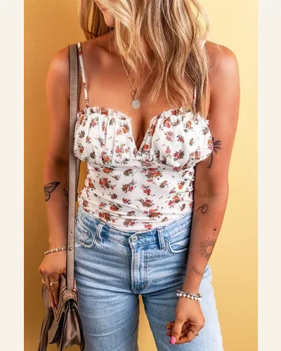 Bodysuit White Floral V Cut Frilled Trim Spaghetti, view 3