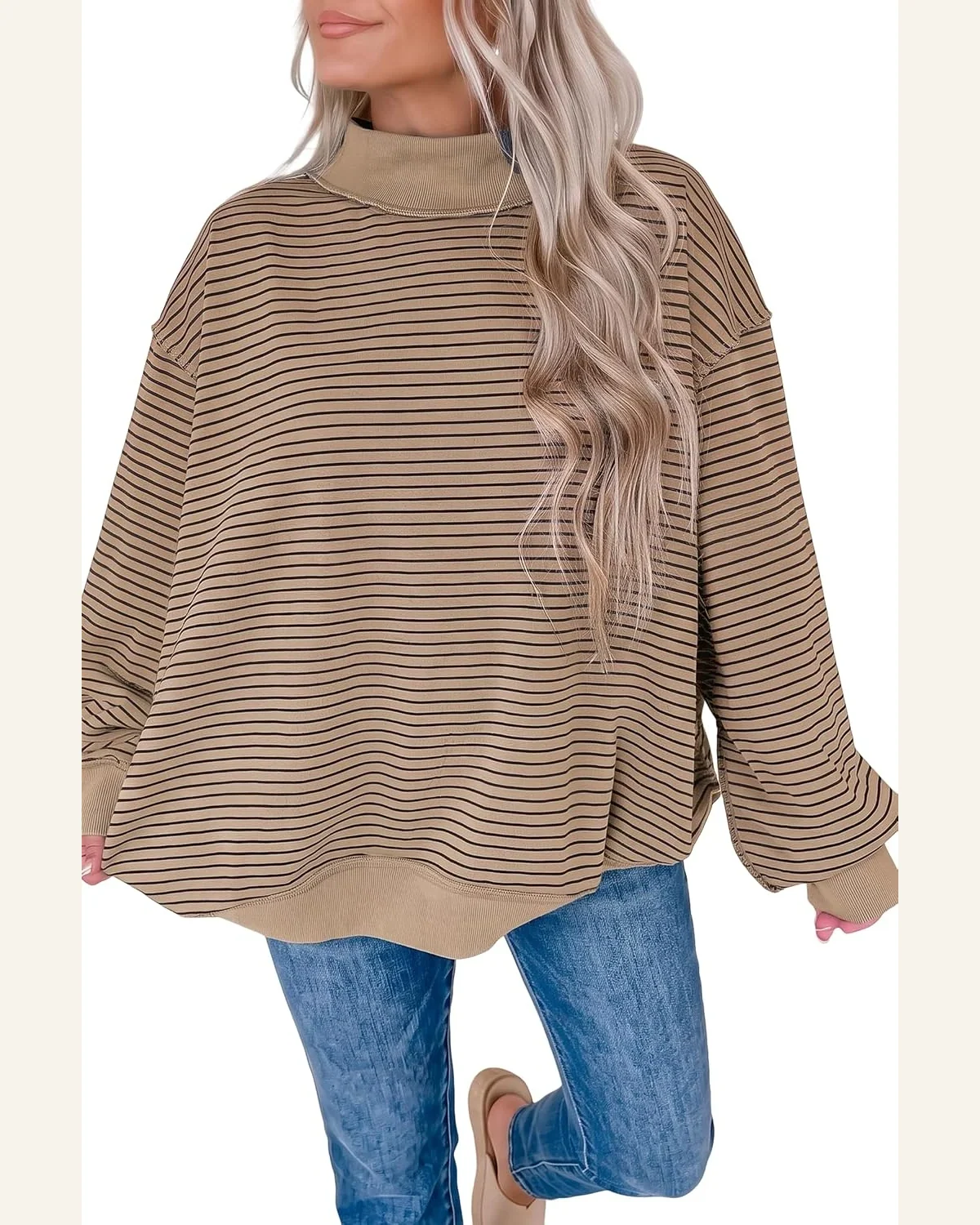 Stripe Mock Neck Oversized Pullover Sweatshirt by SELINK