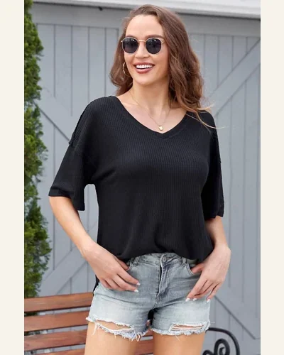 Short Sleeve T Shirt Casual Black Waffle Knit, view 4