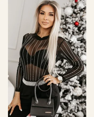 Bodysuit Club Black Rhinestone Decor Striped Mesh Long, view 4