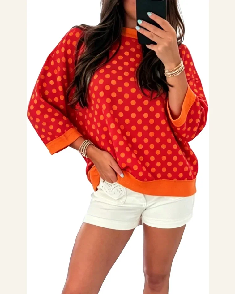 Casual Polka Dot Round Neck Bracelet Sleeve Top by SELINK