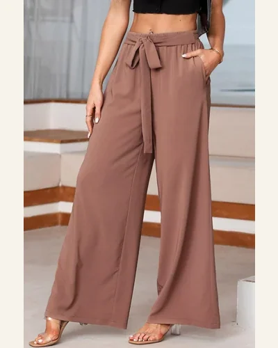 Casual Loose Elastic High Waisted Tie Pants Side, view 3