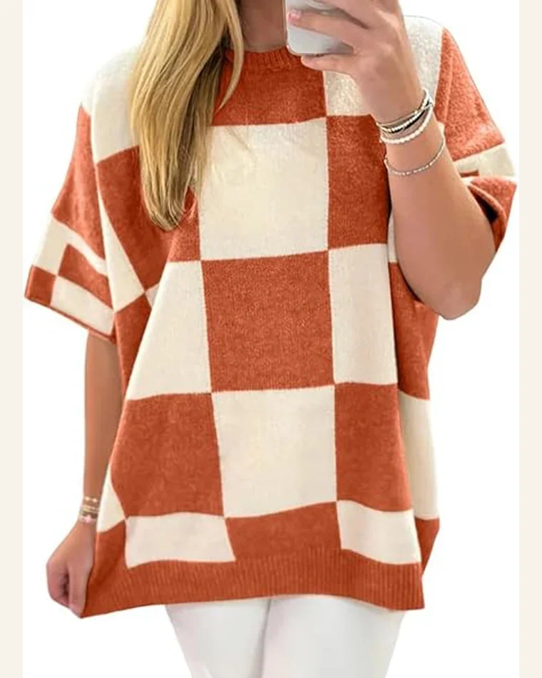 Casual Orange Checkered Pattern Pullover Sweater Tops Loose by SELINK