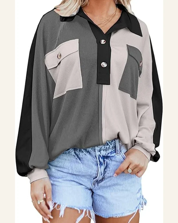 Casual Gray Oversized Sweatshirt Patchwork Color Block Long by SELINK