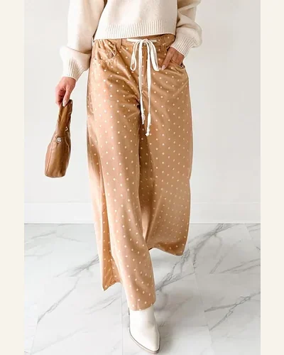 Casual Loose Khaki Polka Dot Pants Drawstring Straight, view 4
