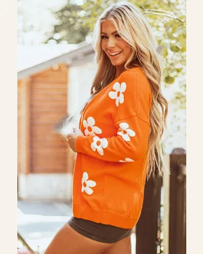 Cardigan Sweater Casual Orange Floral Print Knitted Open, view 3