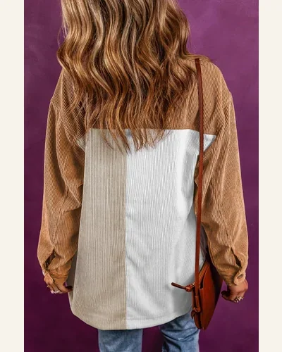 Shacket Jacket Casual Multicolour Corduroy Colorblock Loose Shacket, view 2