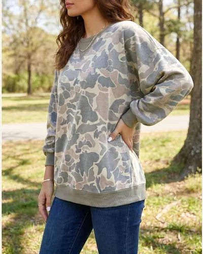 Camo Sweatshirt Drop Shoulder Casual Long Sleeve Pullover, view 3