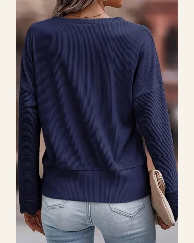 Tunic Tops Casual Blue Ribbed Texture Lace Trim, view 2