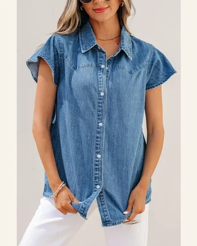 Dusk Blue Ruffled Short Sleeve Button Down Denim, view 3