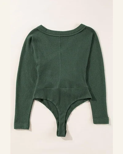 Bodysuit Elegant Blackish Green Waffle Knit Slim Fit, view 4