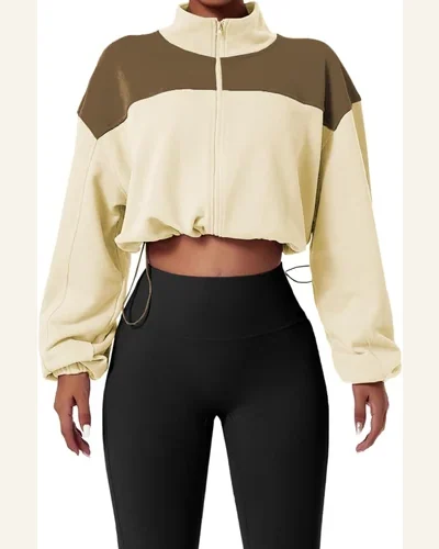 Shacket Jacket Active Beige Color Block Drawstring Cropped, view 1