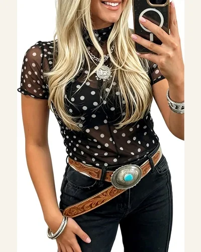 Mesh Short Sleeve Top Mock Neck See Through, view 4
