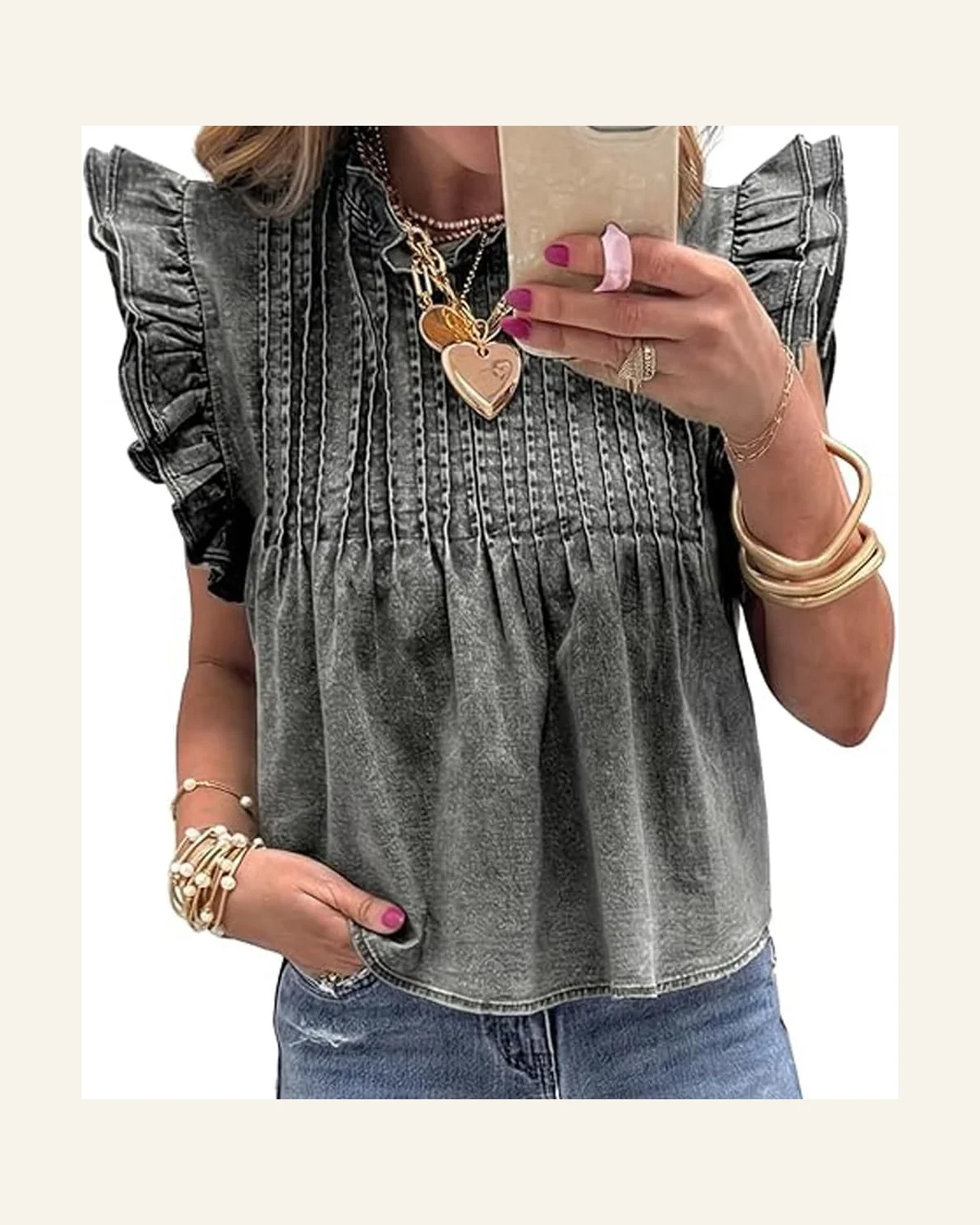 Casual Gray Ruffle Pleated Vintage Washed Denim Top by SELINK