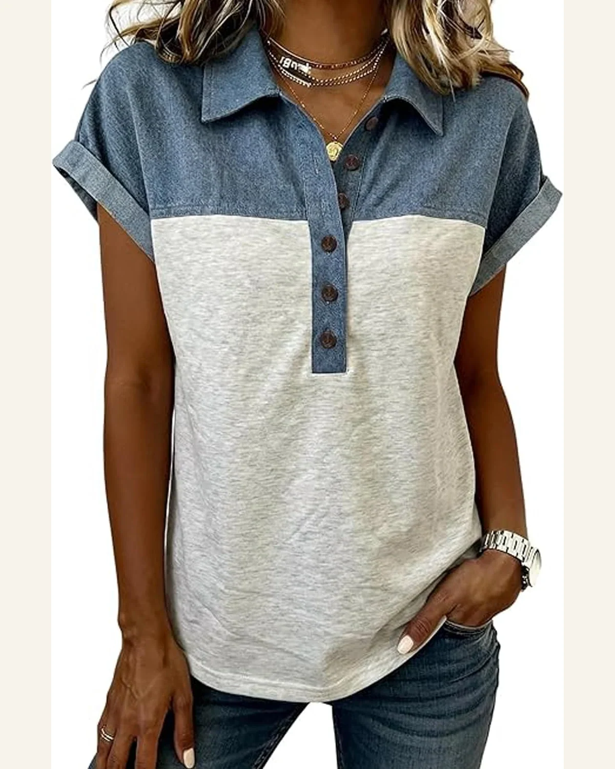 Casual Light Grey Color Block Denim Tunic Tops by SELINK
