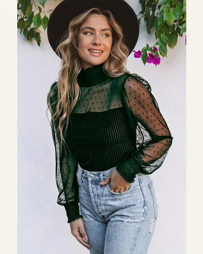 Bodysuit Vintage Green Sheer Dotty Long Sleeve Ribbed, view 3