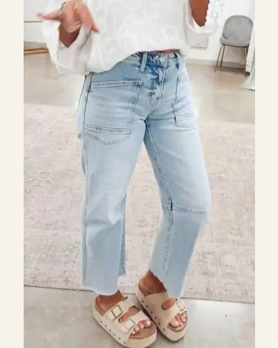 Casual Beau Blue Frayed Cropped Straight Jeans, view 3
