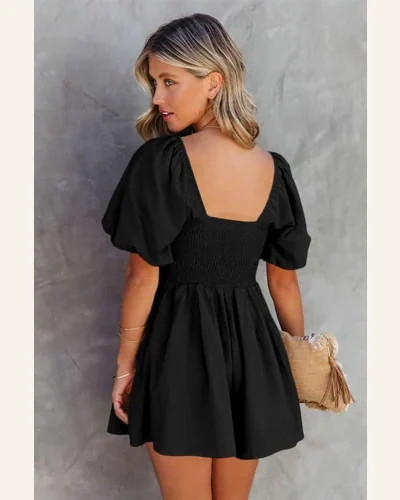 Jumpsuits Short Sleeve Black Square Neck Ruched Puff, view 2