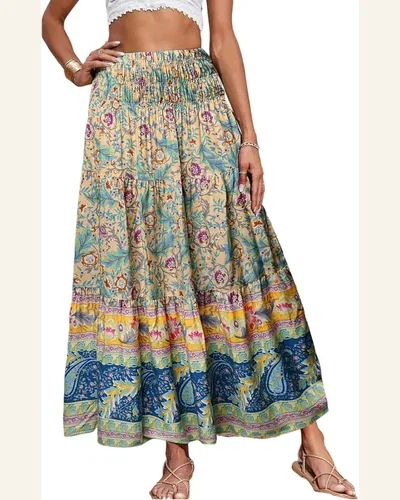 Summer Elastic High Waist Boho Maxi Skirt Pleated, view 1