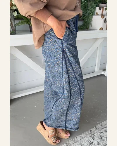 Casual Blue Leopard Print High Waisted Jeans Exposed, view 2
