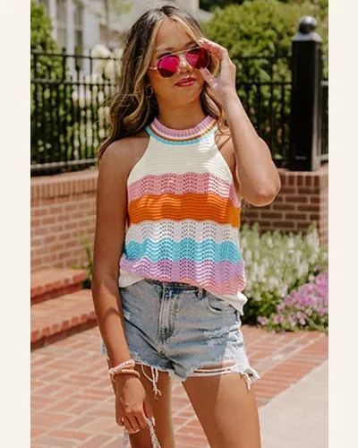 Casual Multicolour Wavy Striped Print Textured Knit Sweater, view 3