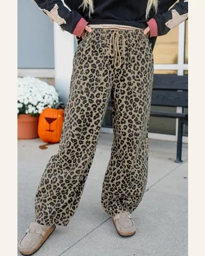 Casual Khaki Leopard Print Drawstring Loose Denim Pants, view 4