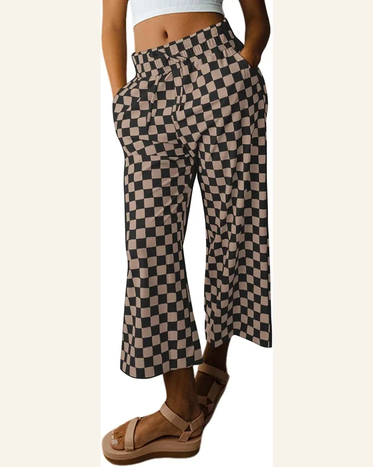 Casual Checkered Elastic High Waist Loose Pajama Pants by SELINK