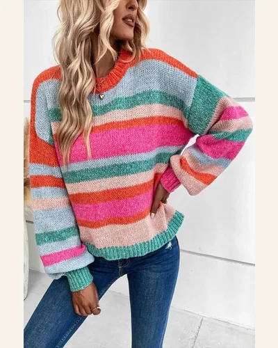 Pullover Sweater Tops Casual Multicolor Striped Knit Drop, view 2