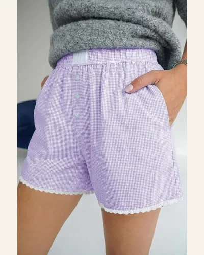 Casual Purple Gingham Plaid Lace Trim Boxer Shorts, view 3