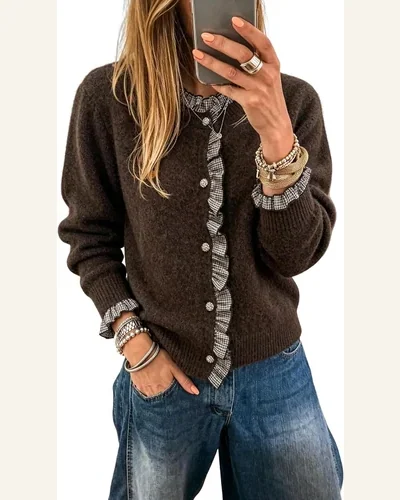 Plaid Ruffle Trim Patchwork Cardigan Sweater Chicory, view 1