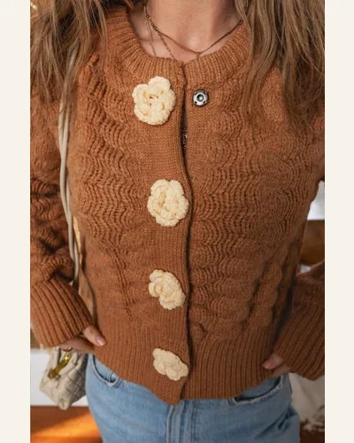 Casual Cardigan Sweater Chestnut 3D Flower Snap Button, view 3