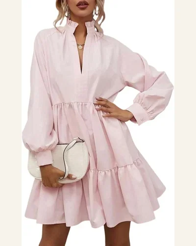Fall Dresses Elegant Pink Frilled Stand Collar Long, view 1