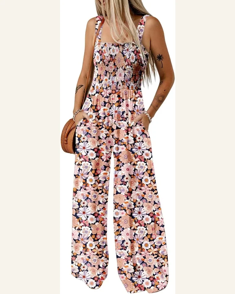 Casual Smocked High Waist Square Neck Jumpsuit Sleeveless by SELINK