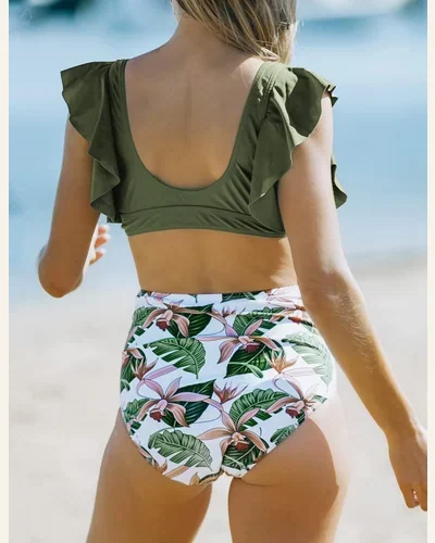 Ruffle High Waist Swimsuit V Neck Trim Floral, view 2