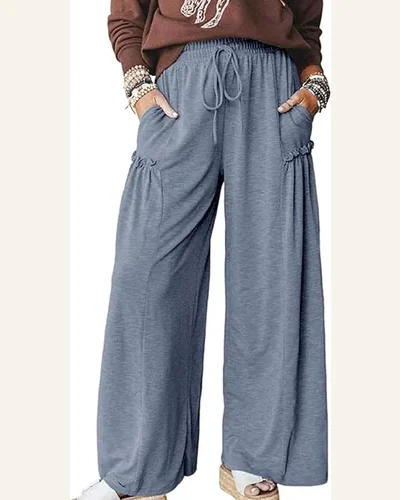 Casual Pants Frilled Detail Straight Wide Leg Elastic, view 1