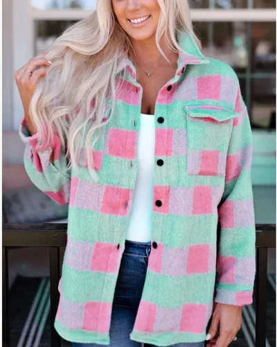 Casual Plaid Shacket Button Down Long Sleeve Shirts, view 4