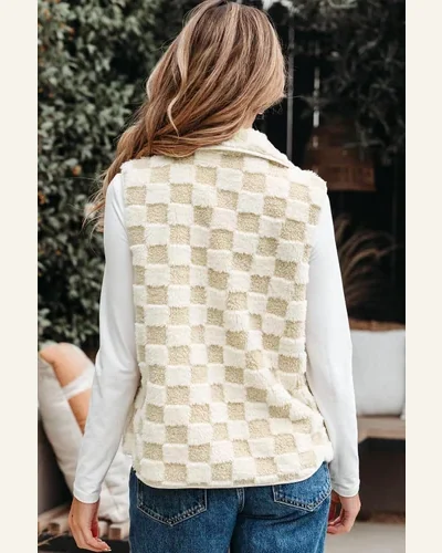 Casual Khaki Checkerboard Jacket Snap Button Vest Jacket, view 2